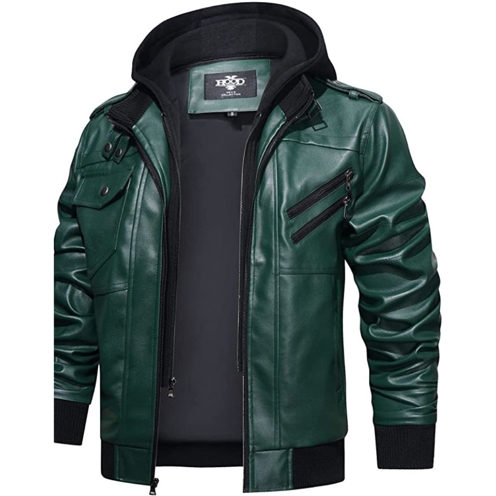 New Men's Removable Hood Vegan Leather Coat